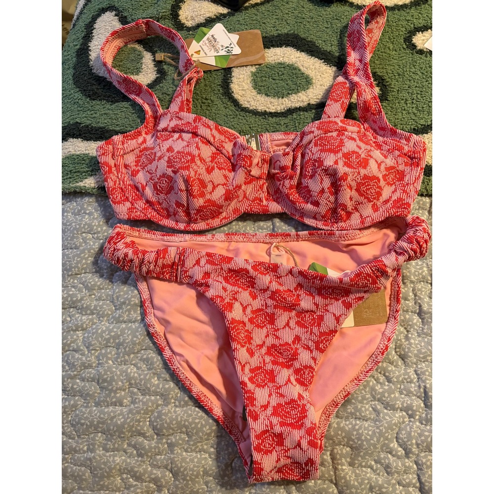 Berlook Red Pink Floral Underwire Bikini Set Recycled Two Piece Swimsuit Small